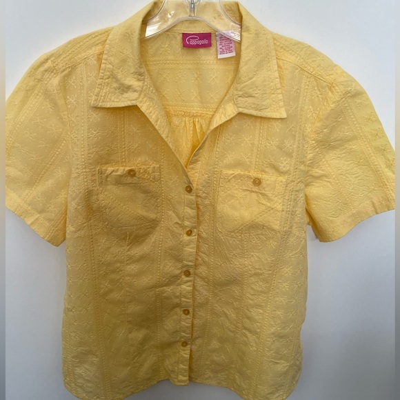 PAPPAGALLO YELLOW LADIES EMBROIDERY SHORT SLEEVE FRONT BUTTON BLOUSE. SIZE L - Picture 1 of 9